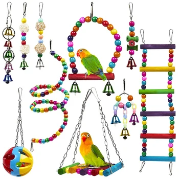 10 Pack Gaiola do Pássaro Brinquedos para Papagaios Confiável e Mastigar - Balanço de Suspensão de Mascar Mordida Ponte de Madeira Esferas de Bola Bell Brinquedos.