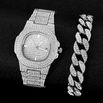 2 Pcs Relógio+pulseira de Hip Hop de Aço Inoxidável da Cor do Ouro o Calendário Para Ver os Homens Gelado Fora Pavimentada Strass Homens Assista Reloj