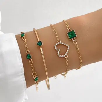 4pc Embutidos Verde pedra preciosa Pulseira Conjunto de Jóias para as Mulheres Pulseira Coração de Casamento Noivado Bracelete da Jóia de Moda