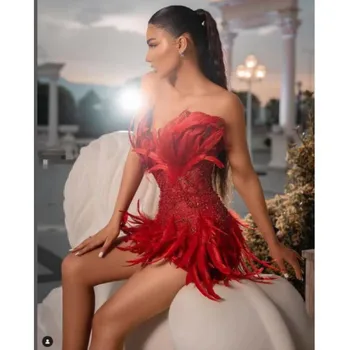 Alta Qualidade Sexy Mini Vestido 2023 Nova Pena De Moda Vermelho Sem Mangas Magro Boate Senhoras Do Clube De Vestido De Festa