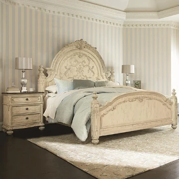 American luxo madeira maciça esculpida cama francês antigo antigo quarto cama de casal