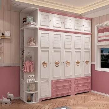 Americana moderna, simples luz de luxo para crianças, quarto rosa, com porta dupla de três portas do roupeiro closet quartos