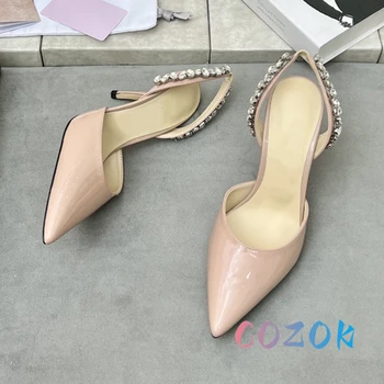 Brilhante cor-de-Rosa de Couro de Cristal de Trás da Cadeia de Alça de salto Alto Sandálias de Dedo Apontado Mulheres Sandálias Sapatos de Casamento Sapatos de Vestido de Verão