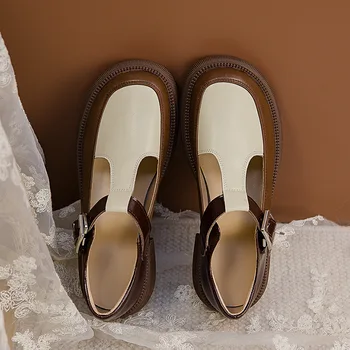 Chegada nova Japonês Estilo Vintage Fivela Mary Janes Sapatos de Mulher Bomba Superficial Boca Casual Aluno Sapatos de Couro de Espessura Inferior