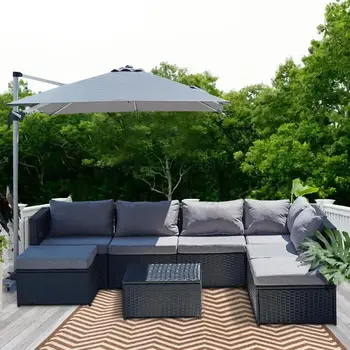 Exterior conjunto de móveis de Vime, rattan do sofá com almofadas Terraço definido para o quintal, terraço, piscina, móveis de jardim cinza/preto