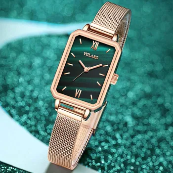 Marca INS Mulheres Relógios de Moda Praça Senhoras Relógio de Quartzo Pulseira Conjunto Verde de Discagem Simples Rosa de Malha de Ouro as Mulheres de Luxo Relógios