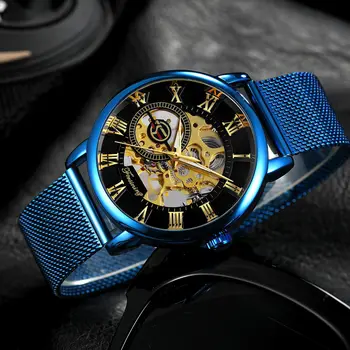 Mens De Negócios Relógio Mecânico Mão De Enrolamento De Ouro Esqueleto Analógico Esporte Azul-Pulseira De Aço Inoxidável Relógio