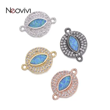 Neovivi CZ Rodada Charme Opala Azul Oval Olho DIY Encantos para Fazer Jóias Micro Pave Branco Zircão Conector de Mulheres Artesanal