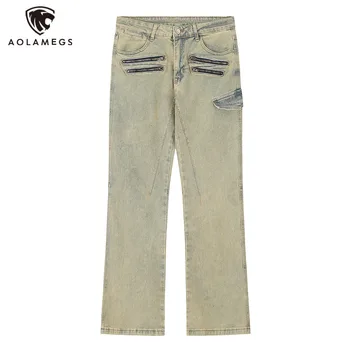Streetwear Homens Lavado Decorados Duplo Zíper do Jeans Vintage Direto de Jeans, Calças com Bolsos Flap Solto e Casual Calças Jeans