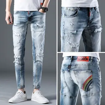 Verão de seção fina de luz cor-de-furo de jeans masculino versão coreana do slim pés patch de moda de personalidade calças masculinas ker